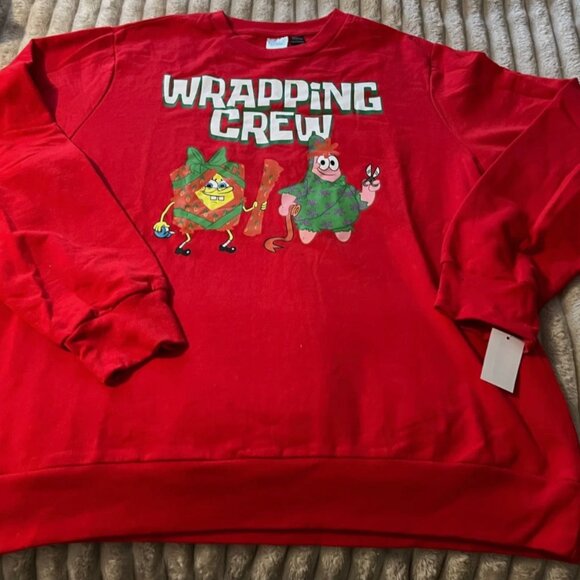 WOMEN'S SPONGEBOB SQUAREPANTS HOLIDAY WRAPPING CREW RED SWEATSHIRT-XXL-NWT! - Picture 1 of 2